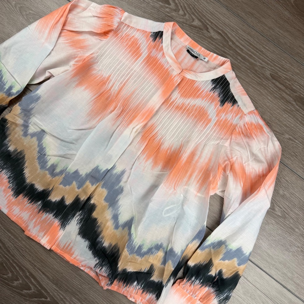 Mariacher Womens Regular Fit Cotton Silk Ikat Print Pleated Blouse Orange M